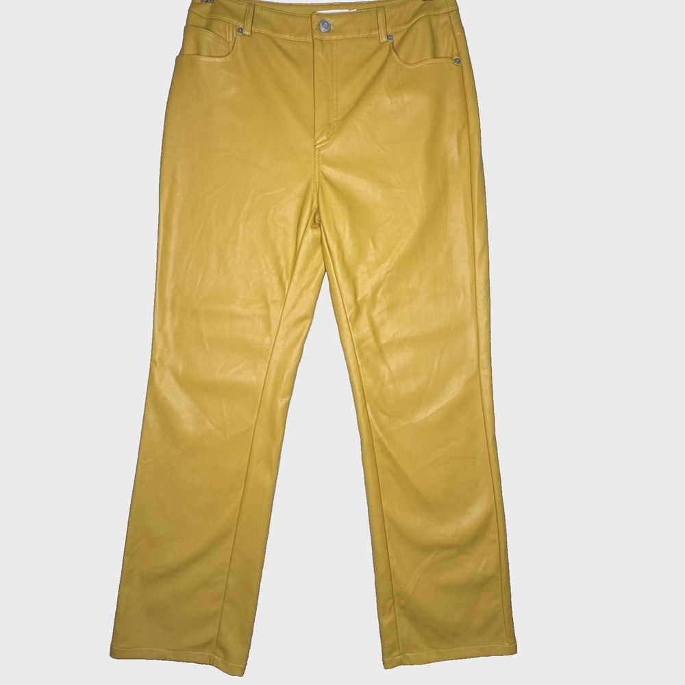 Avec Les Filles Pants Womens 6 Yellow Faux Leather Straight Leg 5 Pocket Zip Fly